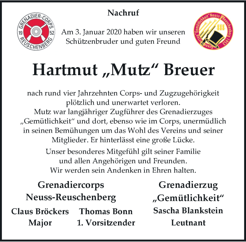  Traueranzeige für Hartmut Breuer vom 08.01.2020 aus Rheinische Post