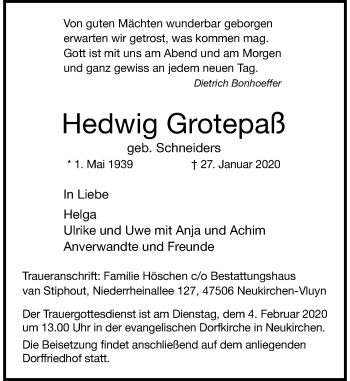 Traueranzeige von Hedwig Grotepaß von Rheinische Post