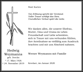 Traueranzeige von Hedwig Weymanns von Rheinische Post
