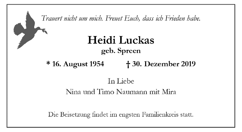  Traueranzeige für Heidi Luckas vom 04.01.2020 aus Rheinische Post