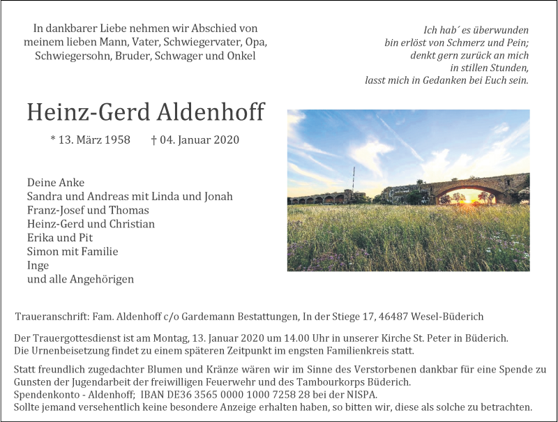  Traueranzeige für Heinz-Gerd Aldenhoff vom 07.01.2020 aus Rheinische Post