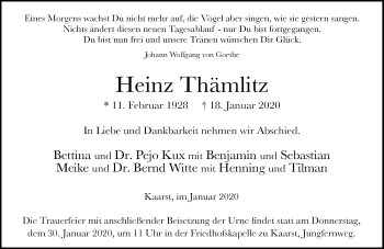 Traueranzeige von Heinz Thämlitz von Rheinische Post