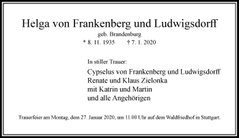 Todesanzeige von Helga von Frankenberg und Ludwigsdorff von Rheinische Post