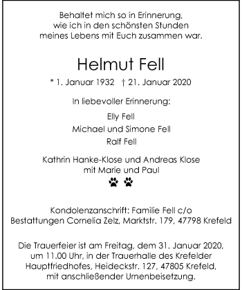 Traueranzeige von Helmut Fell von Rheinische Post
