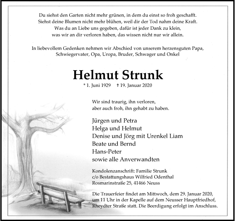  Traueranzeige für Helmut Strunk vom 25.01.2020 aus Rheinische Post