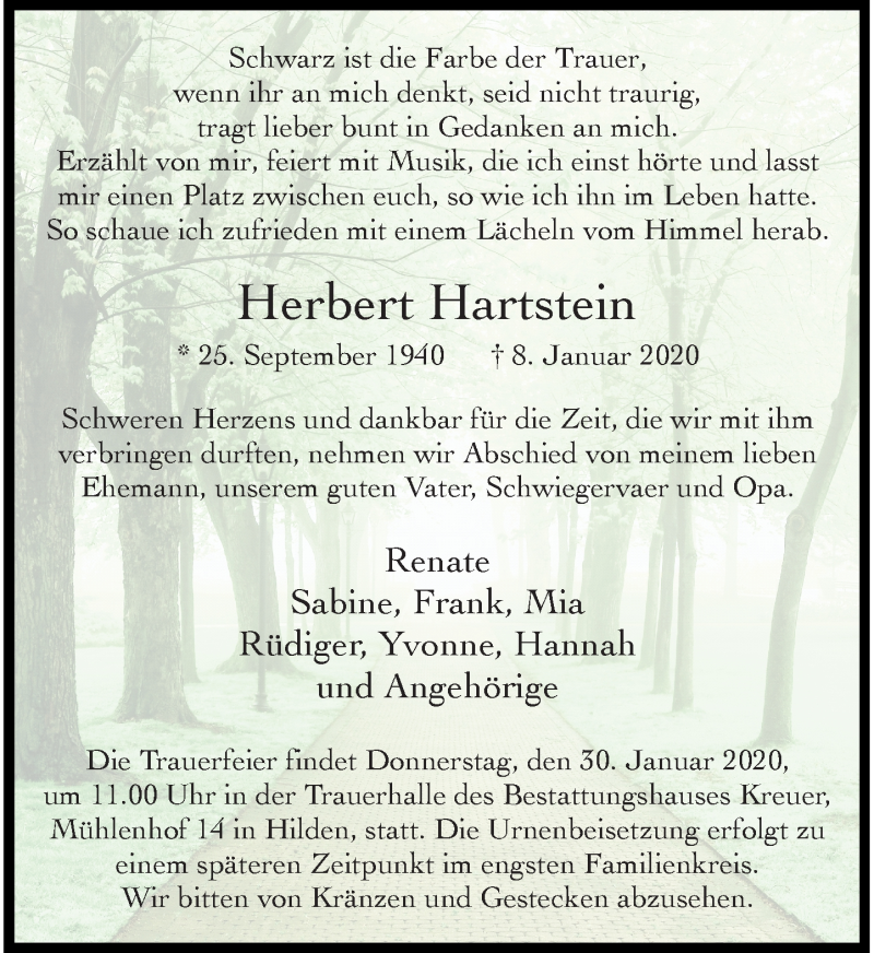  Traueranzeige für Herbert Hartstein vom 18.01.2020 aus Rheinische Post