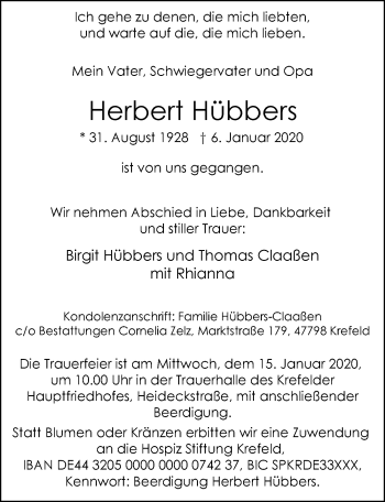 Traueranzeige von Herbert Hübbers von Rheinische Post