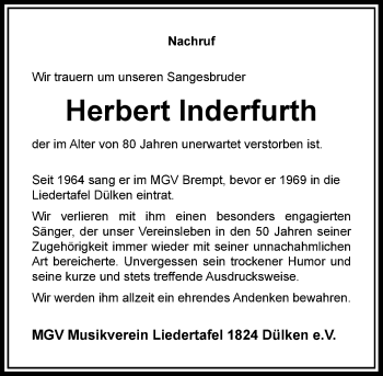 Traueranzeige von Herbert Inderfurth von Rheinische Post