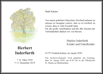 Traueranzeige von Herbert Inderfurth von Rheinische Post