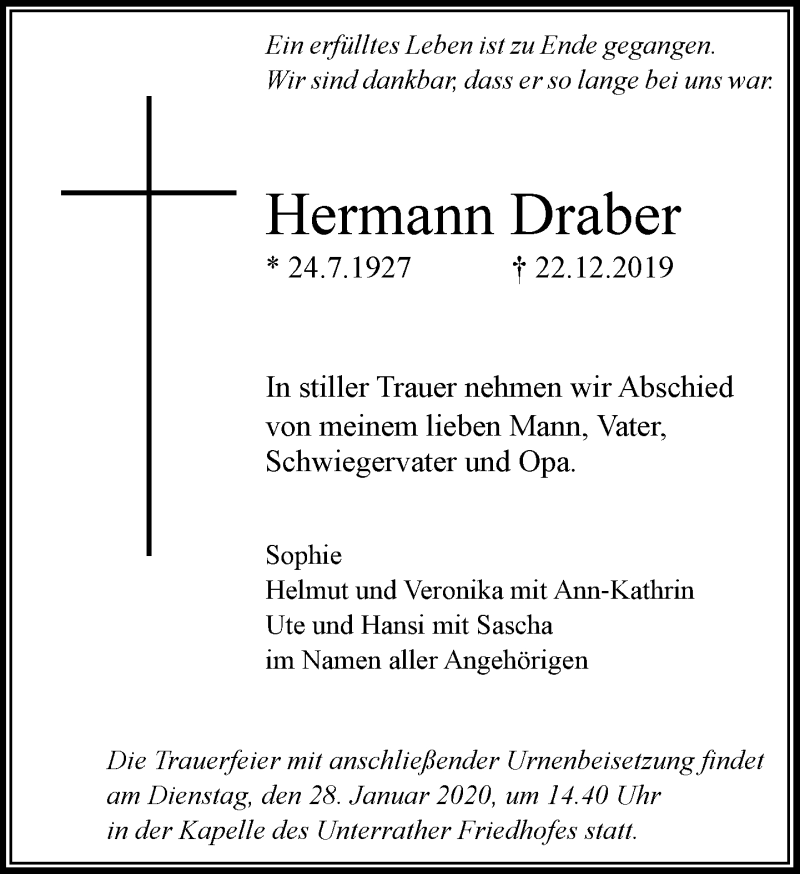  Traueranzeige für Hermann Draber vom 18.01.2020 aus Rheinische Post