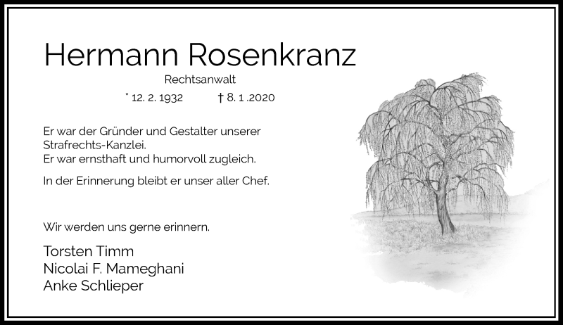  Traueranzeige für Hermann Rosenkranz vom 11.01.2020 aus Rheinische Post