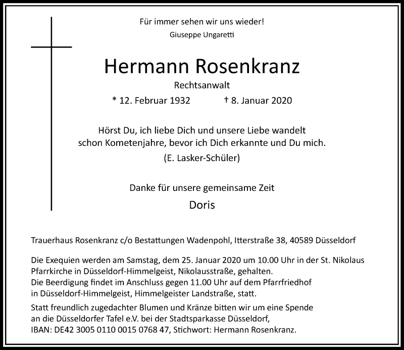  Traueranzeige für Hermann Rosenkranz vom 18.01.2020 aus Rheinische Post