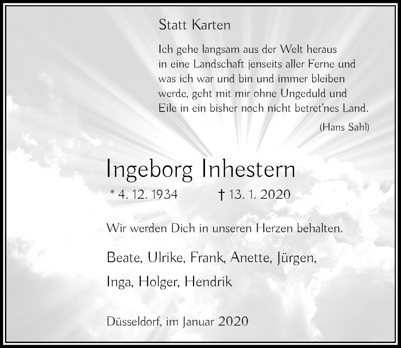  Traueranzeige für Ingeborg Inhestern vom 18.01.2020 aus Rheinische Post