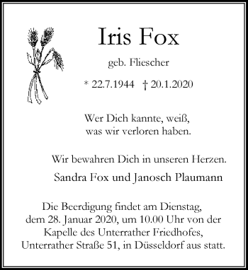 Traueranzeige von Iris Fox von Rheinische Post