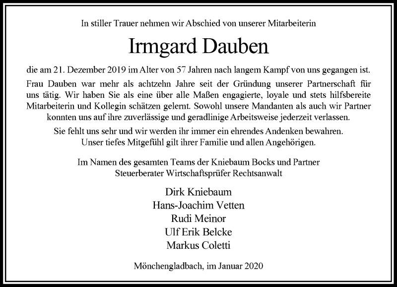 Traueranzeige für Irmgard Dauben vom 04.01.2020 aus Rheinische Post