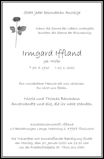 Traueranzeige von Irmgard Iffland von Rheinische Post