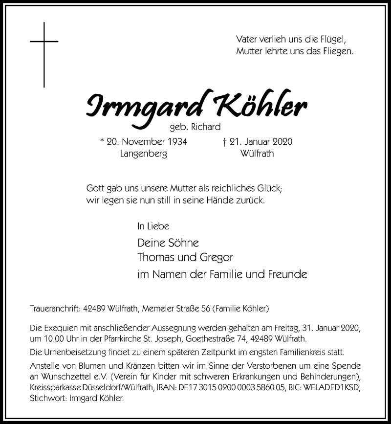  Traueranzeige für Irmgard Köhler vom 28.01.2020 aus Rheinische Post