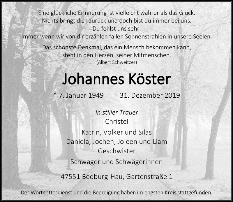  Traueranzeige für Johannes Köster vom 18.01.2020 aus Rheinische Post
