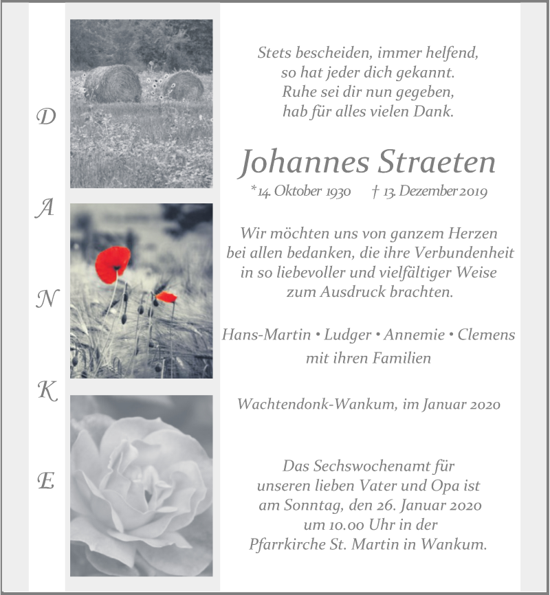  Traueranzeige für Johannes Straeten vom 18.01.2020 aus Rheinische Post