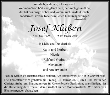 Traueranzeige von Josef Klaßen von Rheinische Post