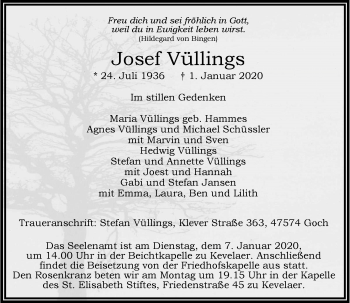 Traueranzeige von Josef Vüllings von Rheinische Post