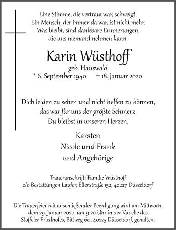 Traueranzeige von Karin Wüstkoff von Rheinische Post