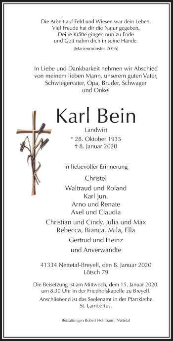 Traueranzeige von Karl Bein von Rheinische Post