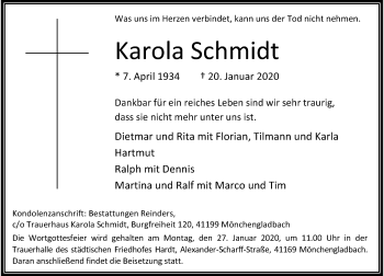 Traueranzeige von Karola Schmidt von Rheinische Post