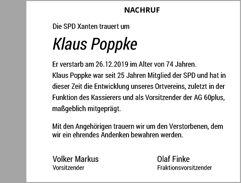  Traueranzeige für Klaus Poppke vom 08.01.2020 aus Rheinische Post