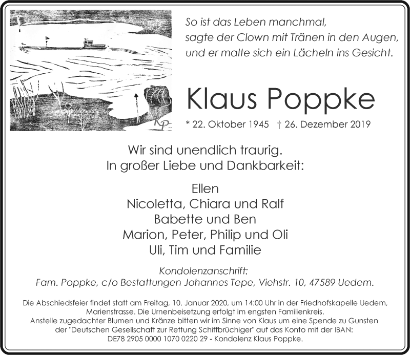  Traueranzeige für Klaus Poppke vom 02.01.2020 aus Rheinische Post
