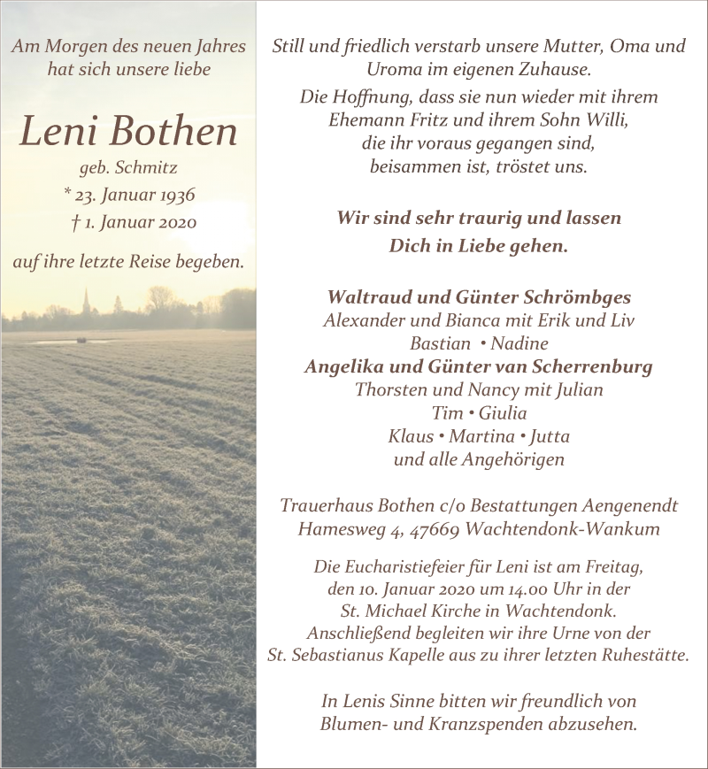  Traueranzeige für Leni Bothen vom 04.01.2020 aus Rheinische Post