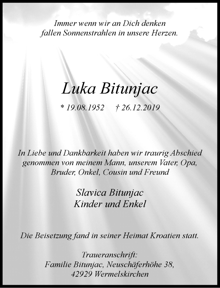  Traueranzeige für Luka Bitunjac vom 04.01.2020 aus Rheinische Post