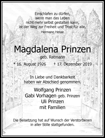 Traueranzeige von Magdalena Prinzen von Rheinische Post