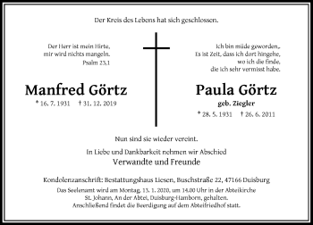Traueranzeige von Manfred und Paula Görtz von Rheinische Post