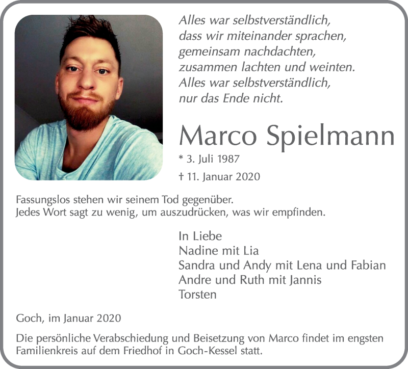  Traueranzeige für Marco Spielmann vom 21.01.2020 aus Rheinische Post