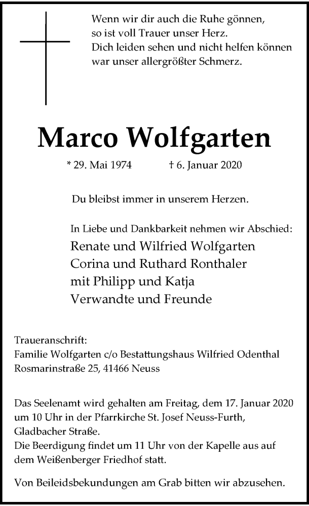  Traueranzeige für Marco Wolfgarten vom 11.01.2020 aus Rheinische Post