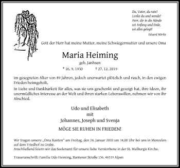 Traueranzeige von Maria Heiming von Rheinische Post