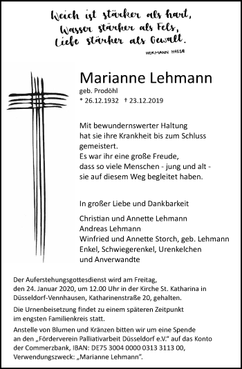 Todesanzeige von Marianne Lehmann von Rheinische Post