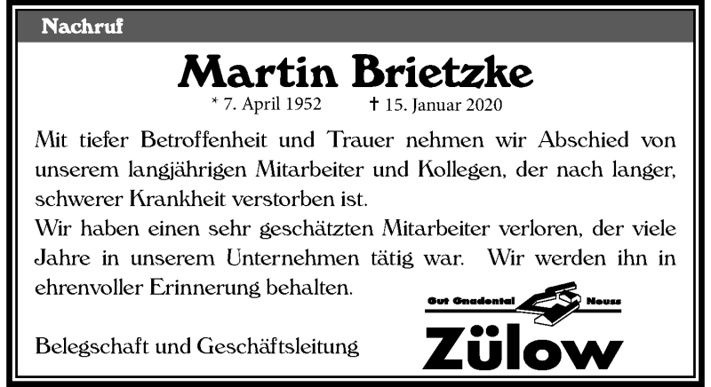  Traueranzeige für Martin Brietzke vom 25.01.2020 aus Rheinische Post
