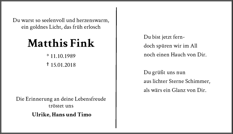  Traueranzeige für Matthis Fink vom 11.01.2020 aus Rheinische Post