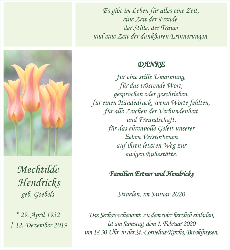  Traueranzeige für Mechtilde Hendricks vom 25.01.2020 aus Rheinische Post
