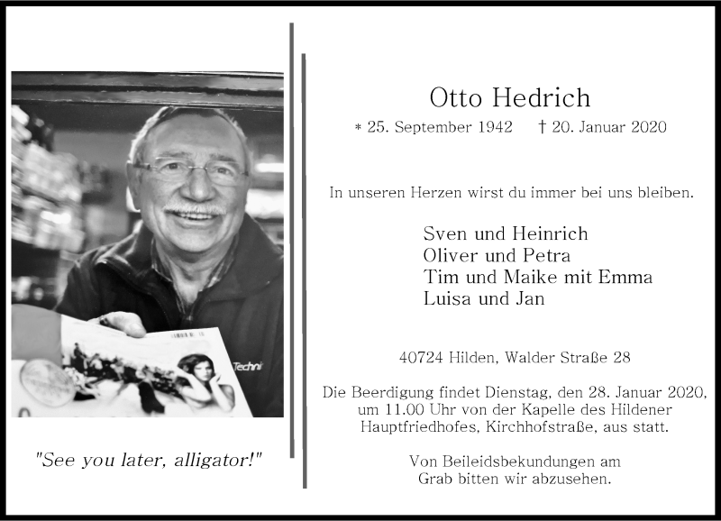 Traueranzeige für Otto Hedrich vom 25.01.2020 aus Rheinische Post