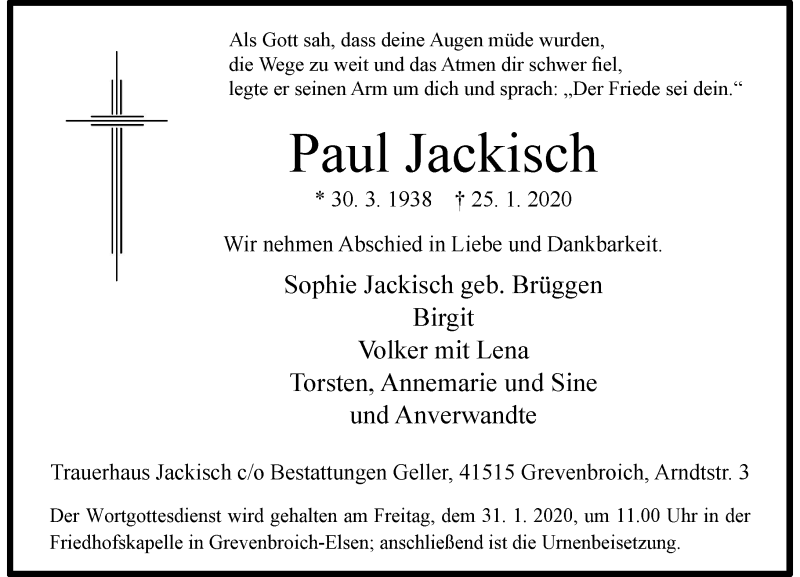  Traueranzeige für Paul Jackisch vom 29.01.2020 aus Rheinische Post