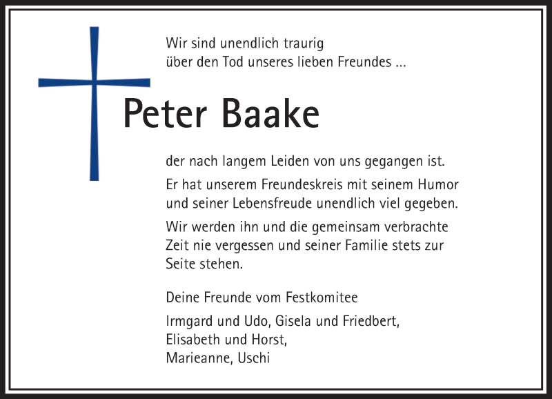  Traueranzeige für Peter Baake vom 18.01.2020 aus Rheinische Post