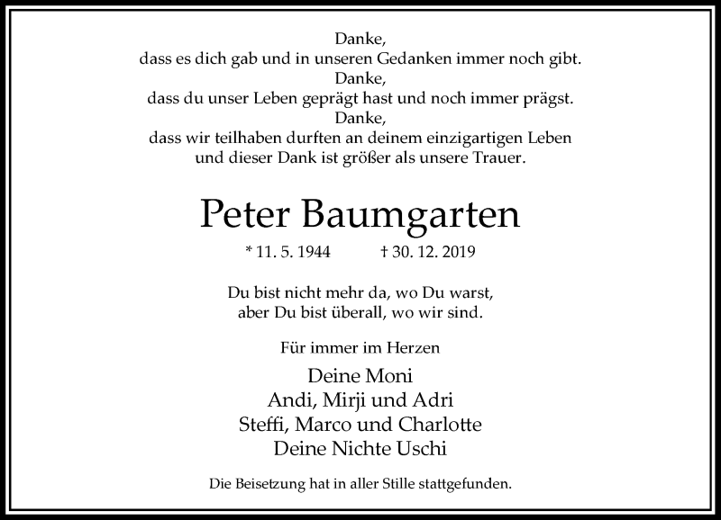  Traueranzeige für Peter Baumgarten vom 25.01.2020 aus Rheinische Post