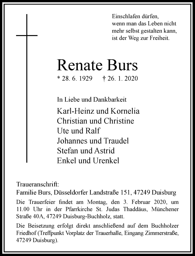  Traueranzeige für Renate Burs vom 29.01.2020 aus Rheinische Post