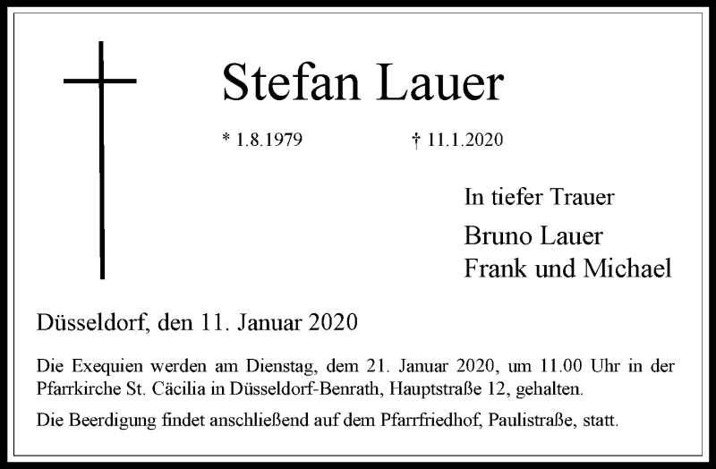  Traueranzeige für Stefan Lauer vom 15.01.2020 aus Rheinische Post