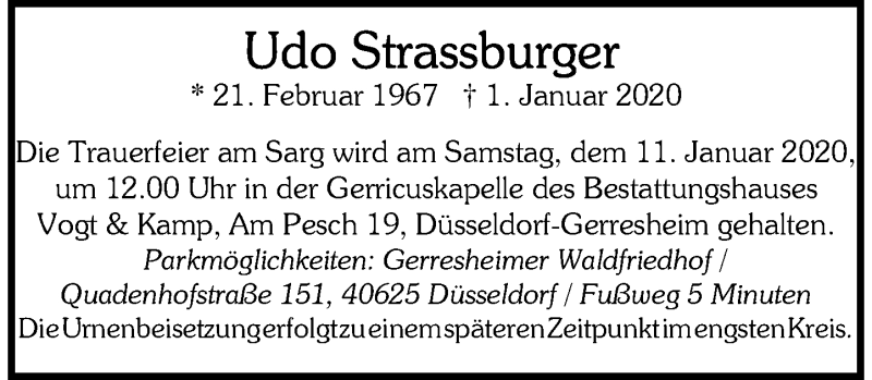  Traueranzeige für Udo Strassburger vom 04.01.2020 aus Rheinische Post