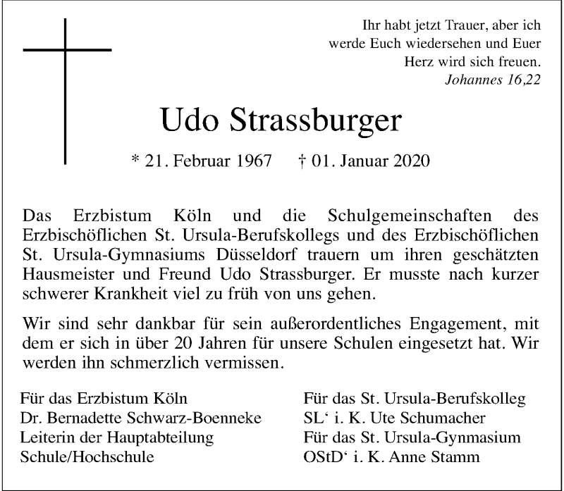  Traueranzeige für Udo Strassburger vom 18.01.2020 aus Rheinische Post