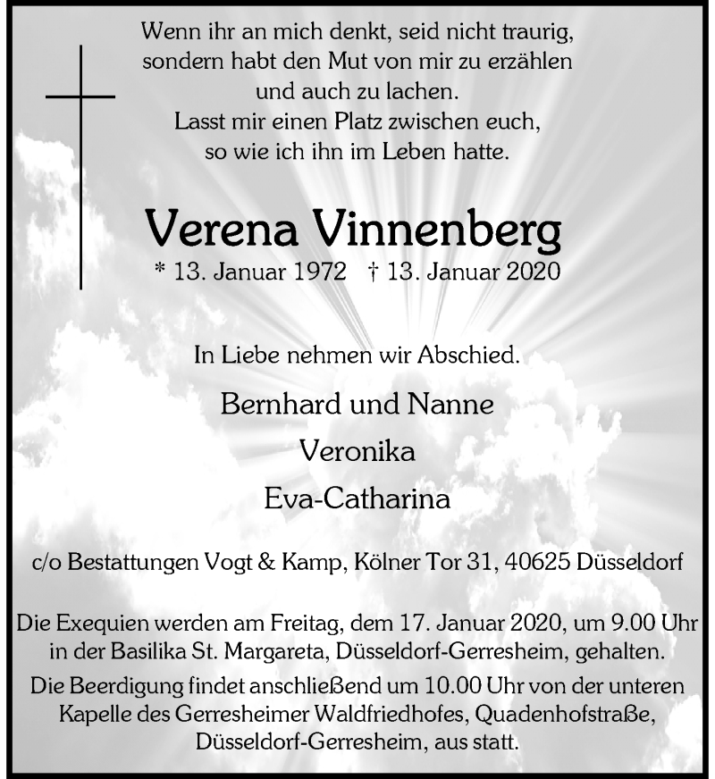  Traueranzeige für Verena Vinnenberg vom 15.01.2020 aus Rheinische Post